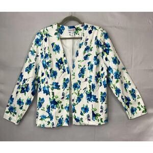 COUNTRY STORE Women's Blazer L White Blue Floral Jacket Spring Career Boxy